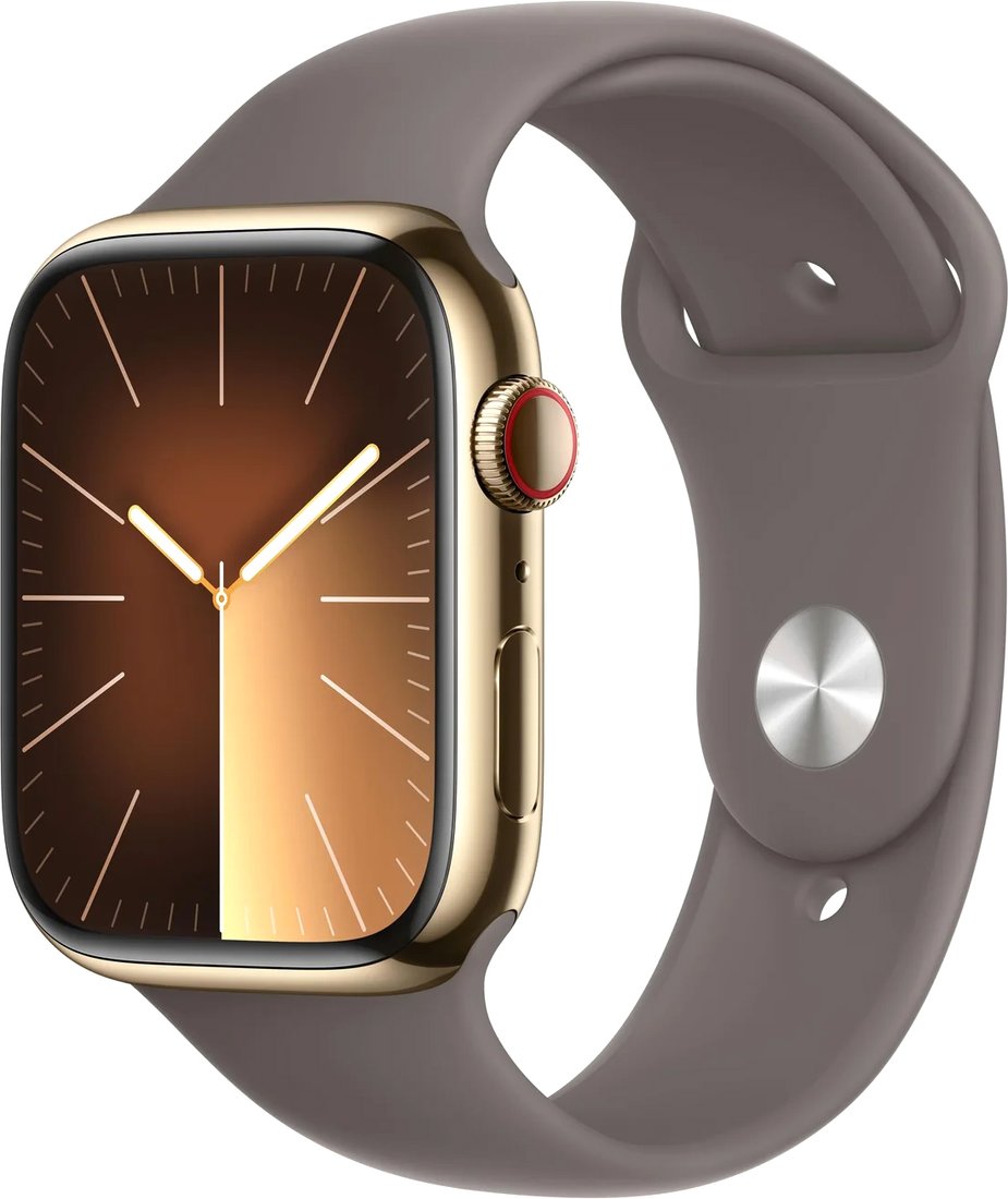 

Умные часы Apple Watch Series 9 LTE 45 мм (корпус из нержавеющей стали, золотистый/темно-серый, спортивный силиконовый ремешок M/L)