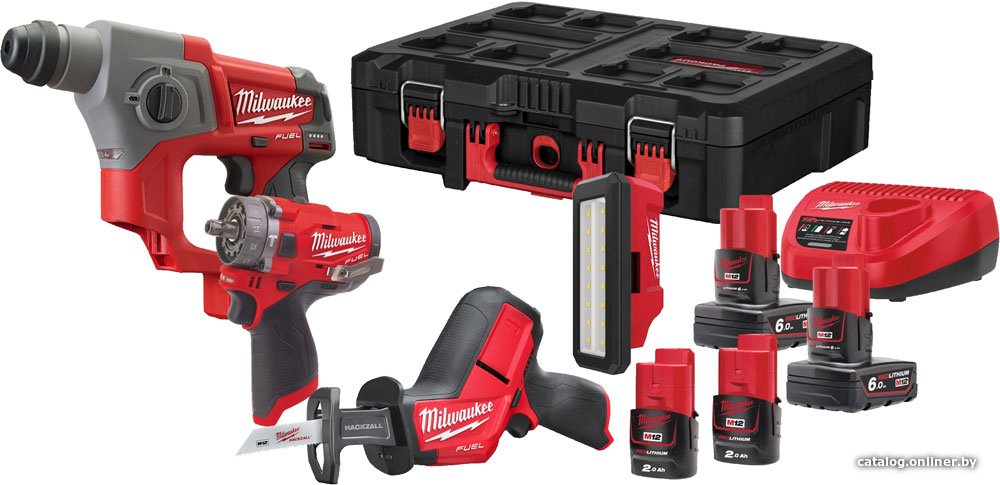 Milwaukee M12 FUEL M12FPP4C-624PEU (перфоратор, сабельная пила, шуруповерт, фонарь, 3 АКБ, кейс)