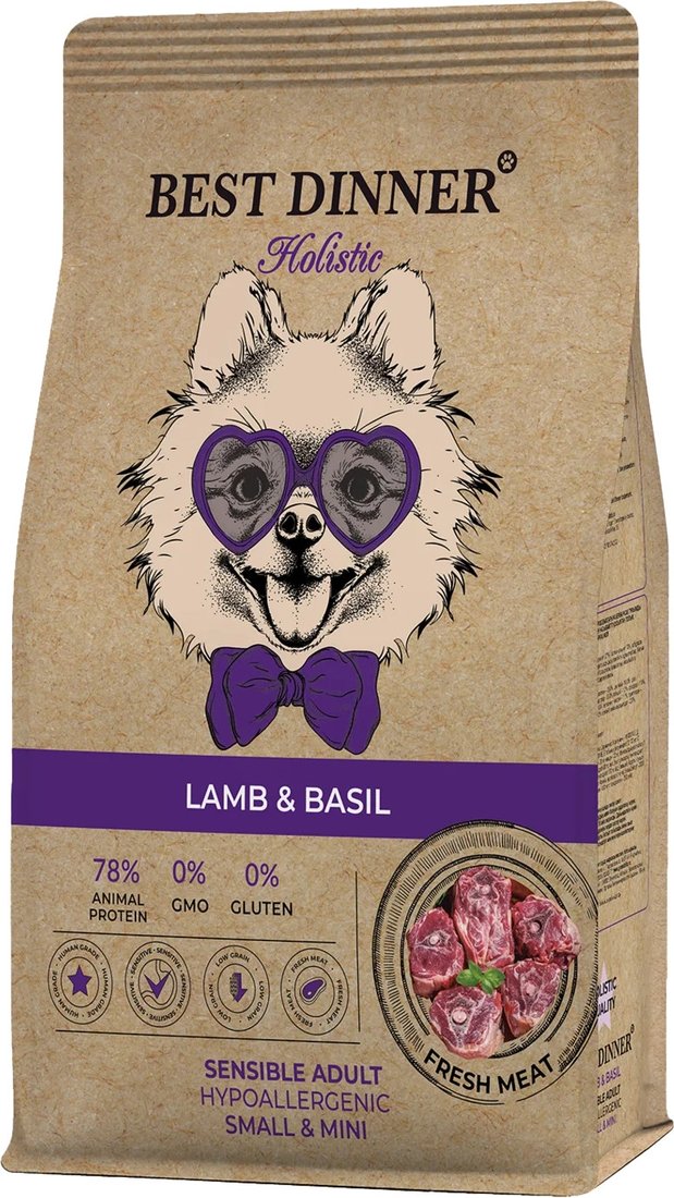 

Сухой корм для собак Best Dinner Holistic Adult Sensible Hypoallergenic Small&Mini Lamb&Basil (1.5 кг)