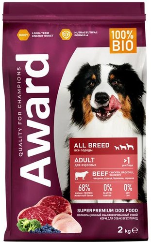 Сухой корм для собак Award Adult All Breed с говядиной и курицей с добавлением брокколи и черники 2 кг