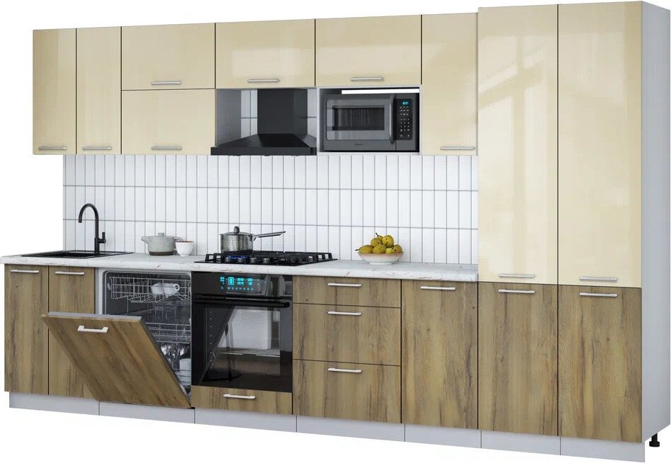 

Готовая кухня Интерлиния Мила Gloss 3.6-ПМ2 (дуб вотан/ваниль глянец/серый каспий)