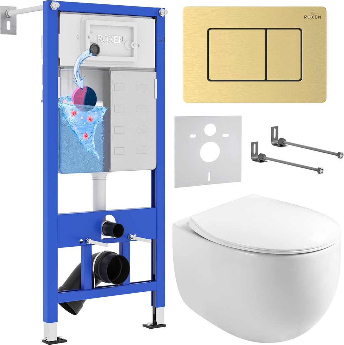 

Унитаз подвесной Roxen Egg в комплекте с инсталляцией StounFix Dual Fresh 6 в 1 968475 (кнопка: брашированное золото)