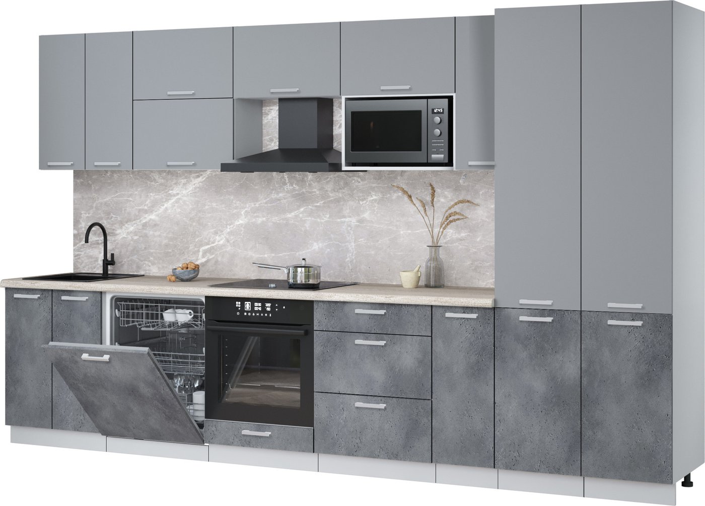 

Готовая кухня Интерлиния Мила Лайт 3.5-ПМ2 (серебро/бетон портленд/травертин серый)