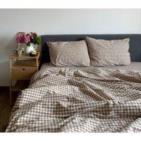 Евро комплект постельного белья Царство сновидений Вареный хлопок Бежевая клетка 150-0145 (евро с прост. на рез. 180х200,нав. 70x70)