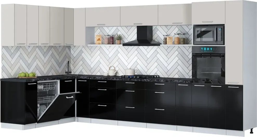 

Готовая кухня Интерлиния Мила Gloss 1.896х3.88 (черный глянец/кашемир/кастилло темный)