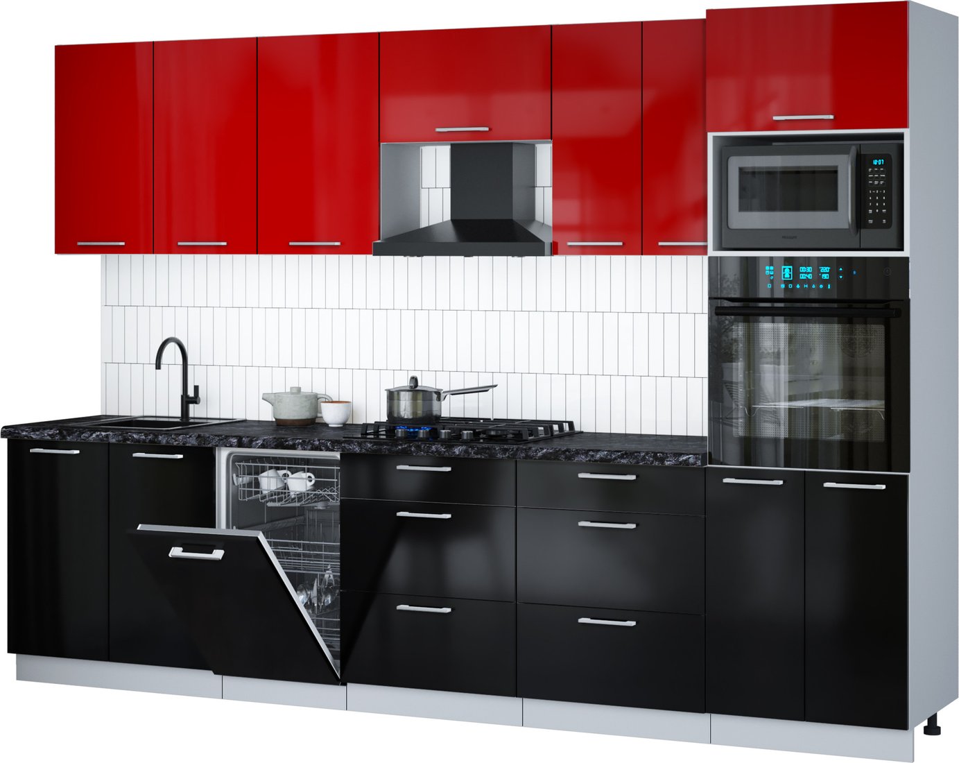 

Готовая кухня Интерлиния Мила Gloss 3.05-ПМ3 (черный глянец/красный глянец/кастилло темный)