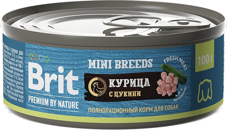 

Консервированный корм для собак Brit для собак мелких пород с курицей и цукини 100 г