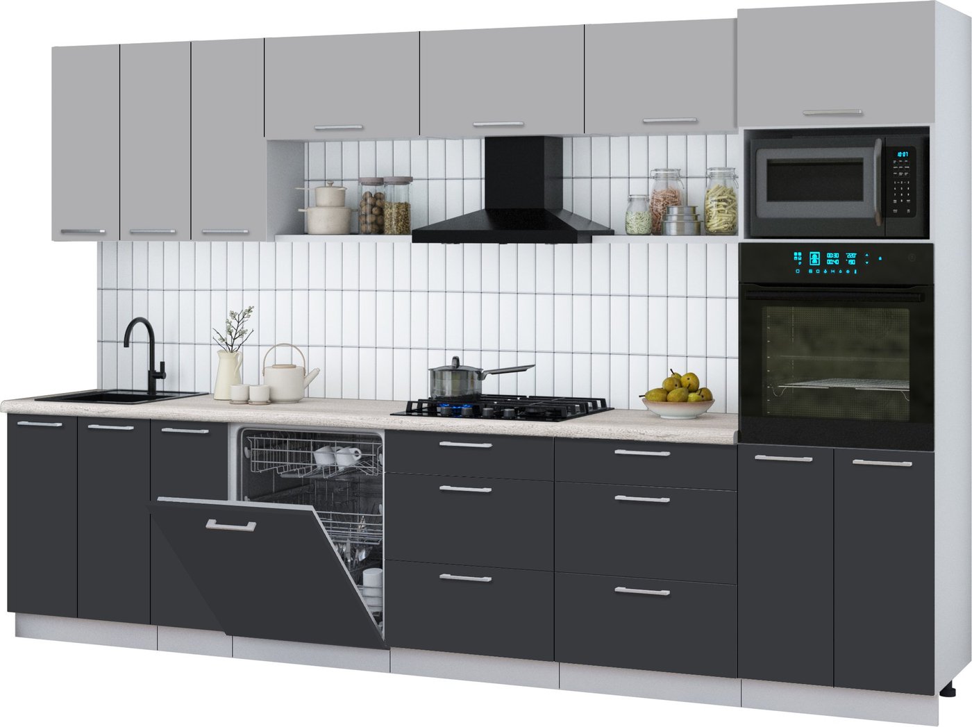 

Готовая кухня Интерлиния Мила Gloss 3.3-ПМ1-2 (пепел/грей/травертин серый)