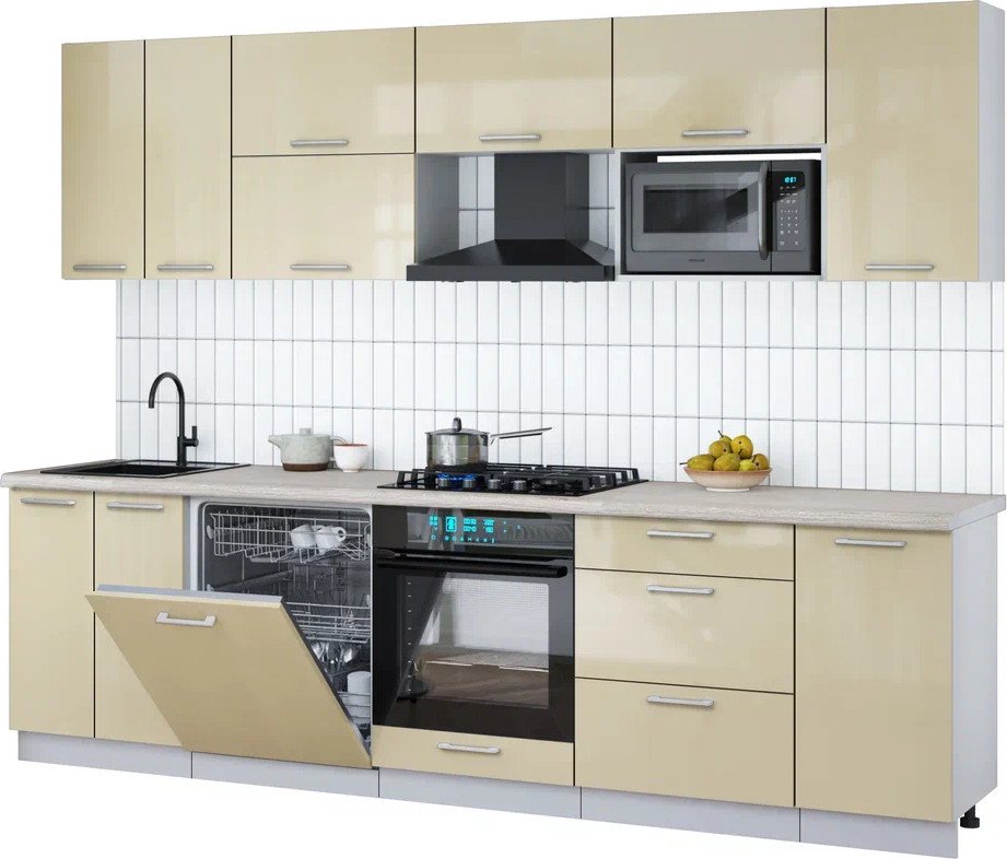 

Готовая кухня Интерлиния Мила Gloss 2.8-ПМ2 (ваниль глянец/ваниль глянец/травертин серый)