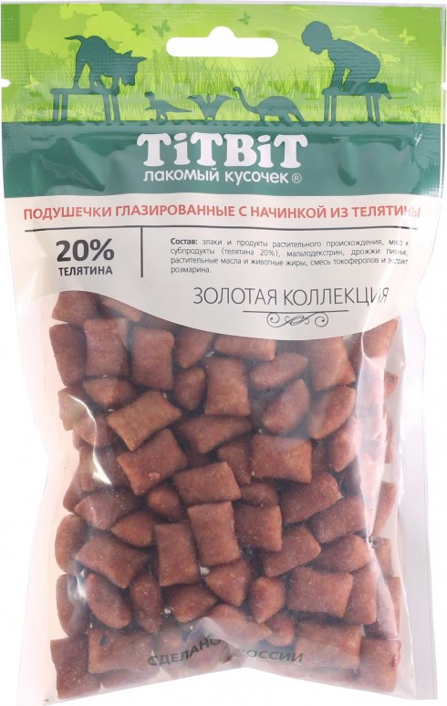 

Лакомство для собак TiTBiT Золотая коллекция. Подушечки глазированные с начинкой из телятины 100 г