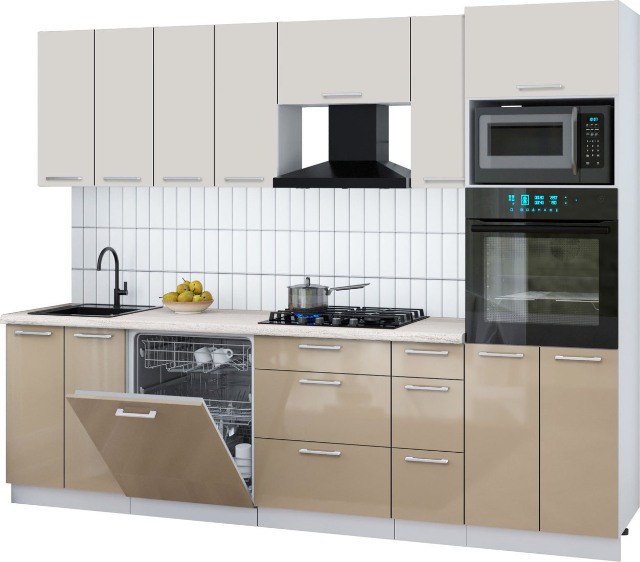 

Готовая кухня Интерлиния Мила Gloss 2.7-ПМ1 (капучино глянец/кашемир/травертин серый)