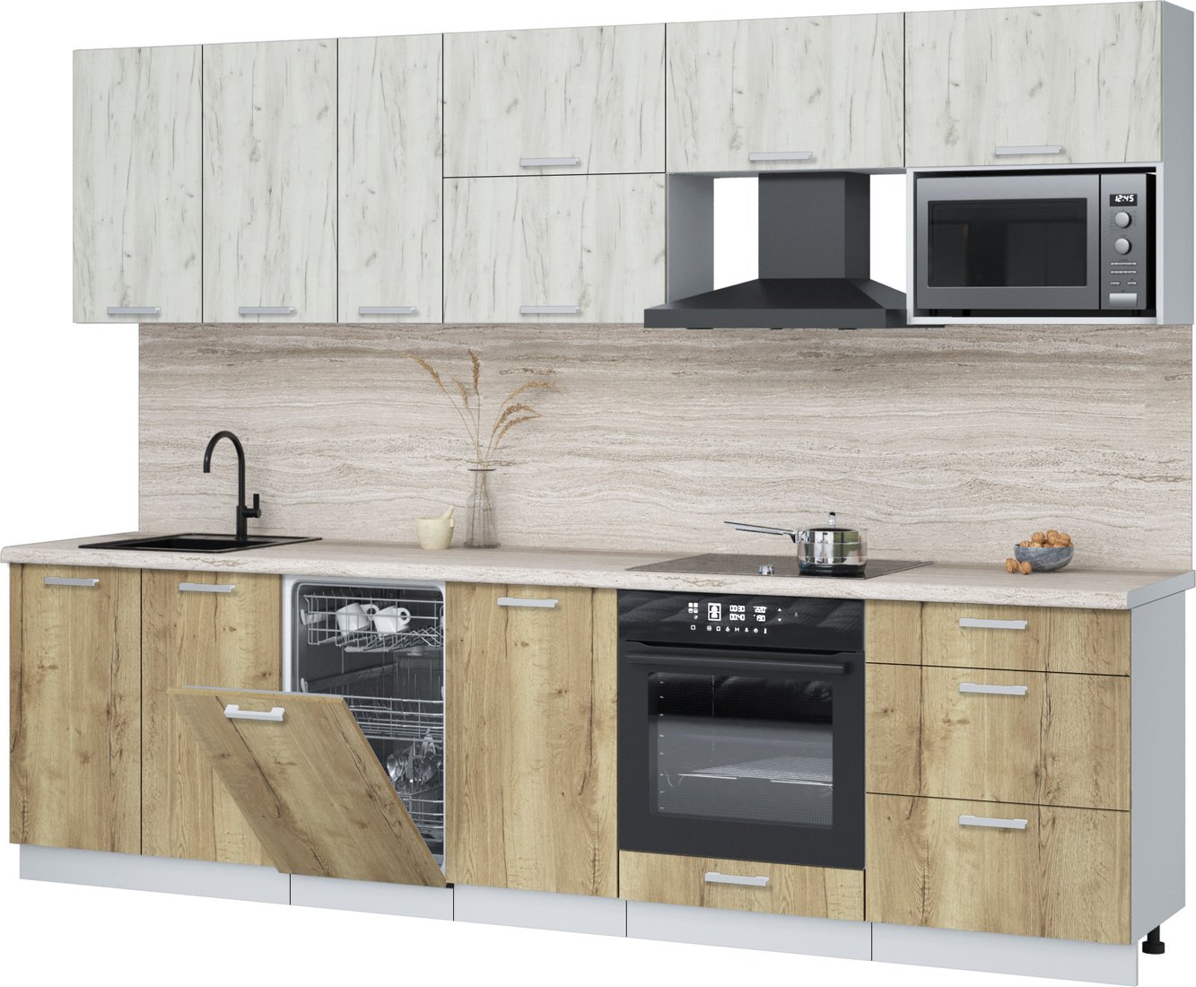 

Готовая кухня Интерлиния Мила Лайт 2.9-ПМ4 (дуб белый/дуб золотой/травертин серый)