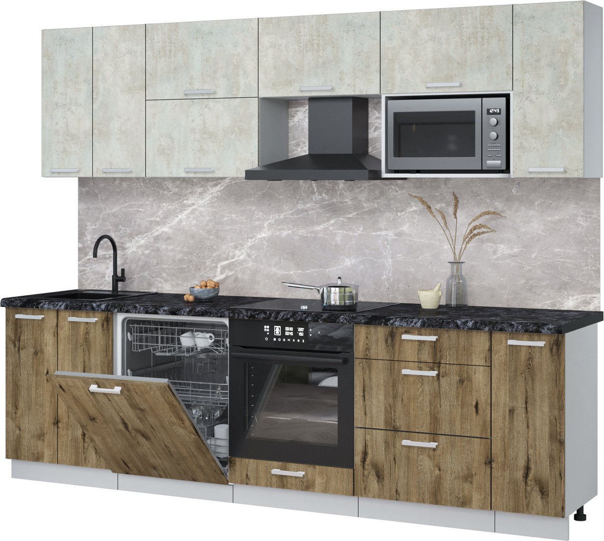 

Готовая кухня Интерлиния Мила Лайт 2.7-ПМ2 (бетон лайт/дуб веллингтон/кастилло темный)