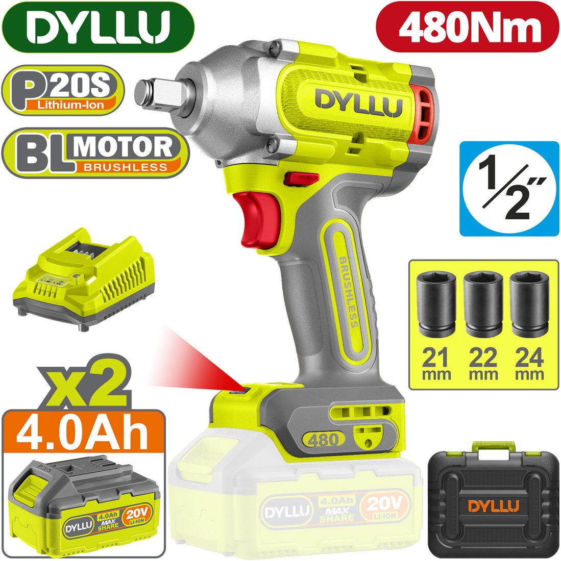 

Гайковерт Dyllu DTCD1B483 (с 2-мя АКБ, кейс)