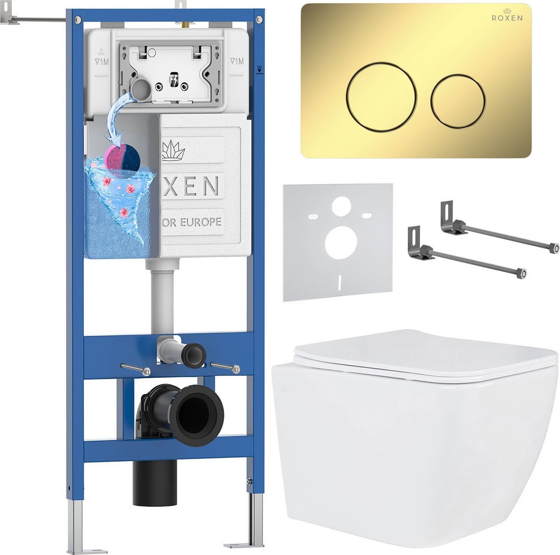 Унитаз подвесной Roxen Cube Tornado в комплекте с инсталляцией StounFix Dual Fresh 6 в 1 868469 (кнопка: золото глянцевая)