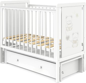 Классическая детская кроватка Indigo Happy Friends маятник, ящик (белая аляска/мишки)