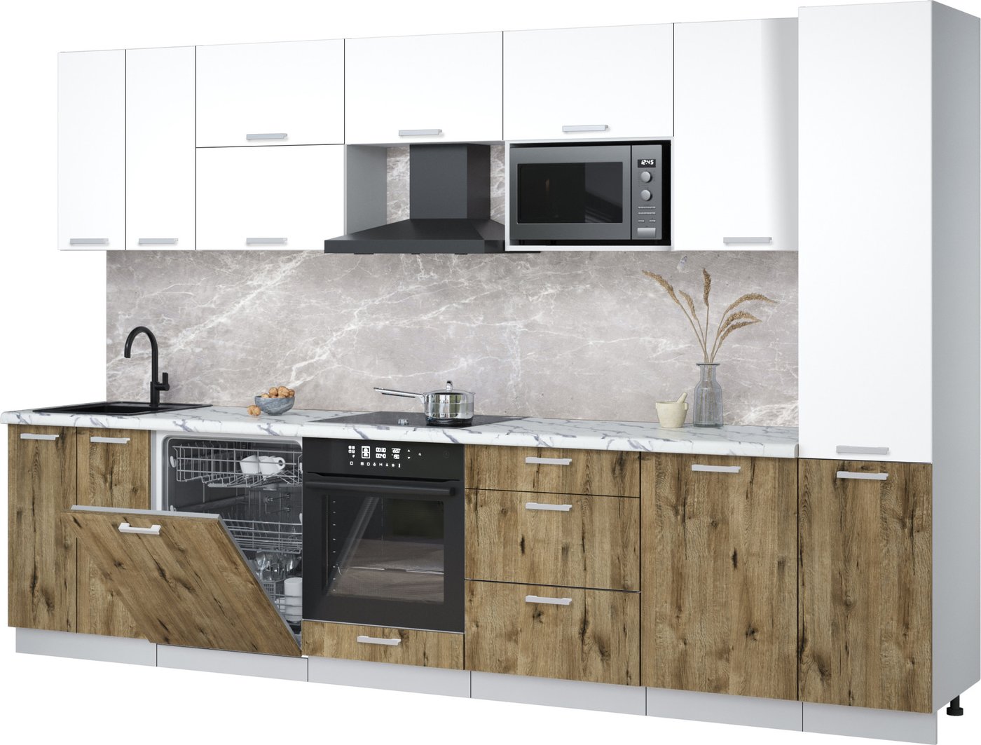 

Готовая кухня Интерлиния Мила Лайт 3.3-ПМ2 (белый платинум/дуб веллингтон/белый гранит)