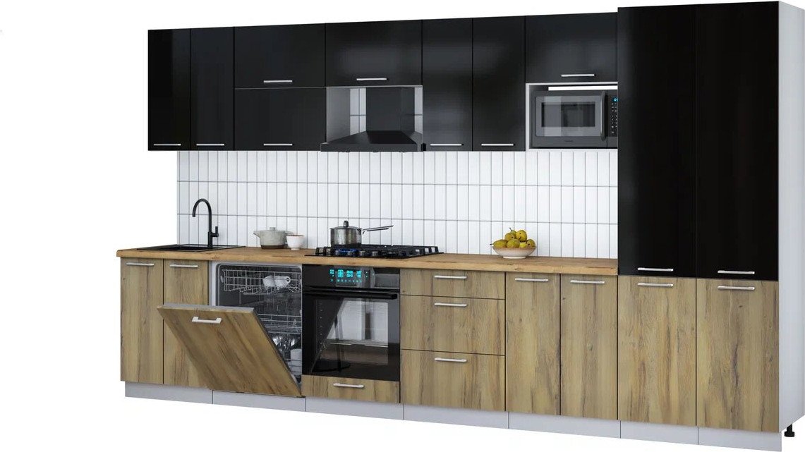 

Готовая кухня Интерлиния Мила Gloss 3.8-ПМ2 (дуб вотан/черный глянец/дуб бунратти)