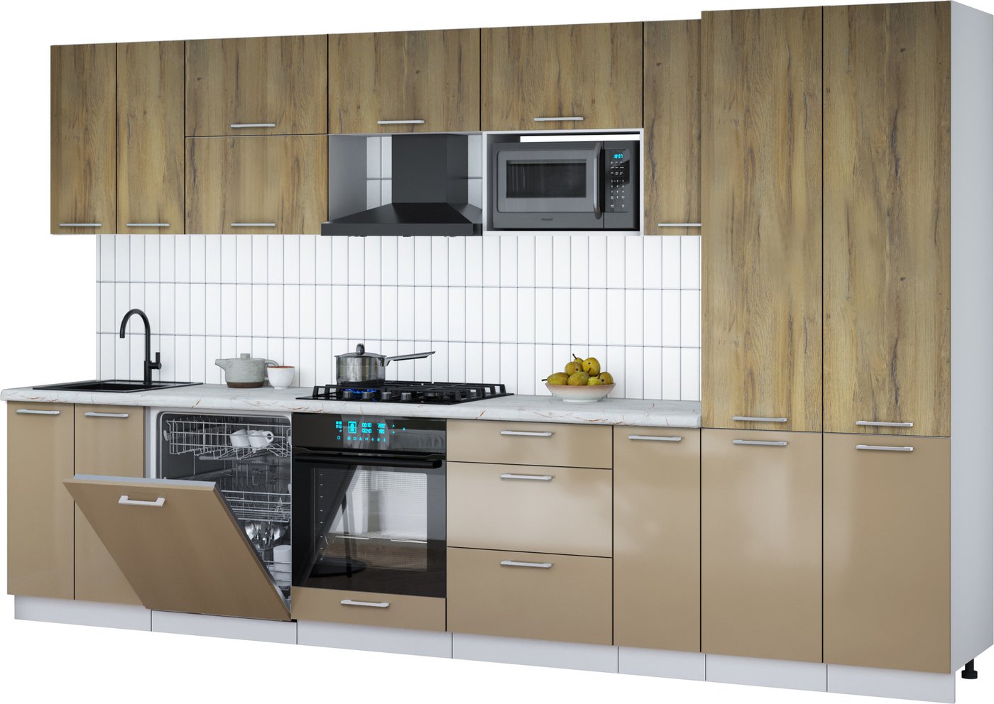 

Готовая кухня Интерлиния Мила Gloss 3.5-ПМ2 (капучино глянец/дуб вотан/серый каспий)