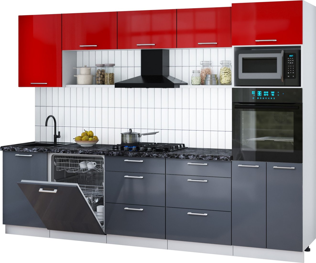 

Готовая кухня Интерлиния Мила Gloss 2.9-ПМ1 (асфальт глянец/красный глянец/кастилло темный)