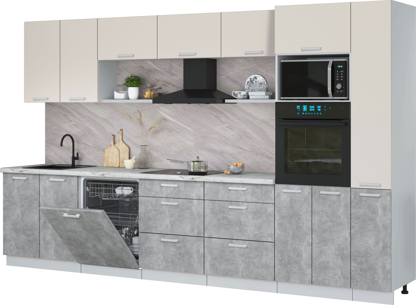 

Готовая кухня Интерлиния Мила Лайт 3.5-ПМ1 (персидский жемчуг/бетон/серый каспий)