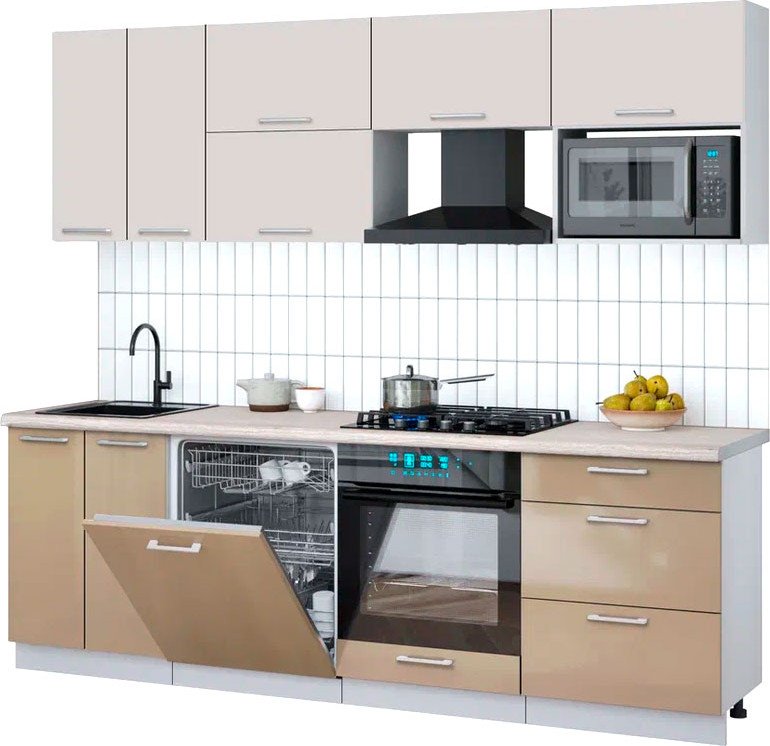 

Готовая кухня Интерлиния Мила Gloss 2.4-ПМ2 (капучино глянец/кашемир/травертин серый)