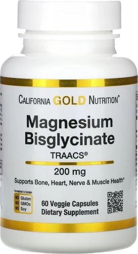 Витамины, минералы California Gold Nutrition Магний бисглицинат/Magnesium bisglycinate 200 мг (60 капсул)