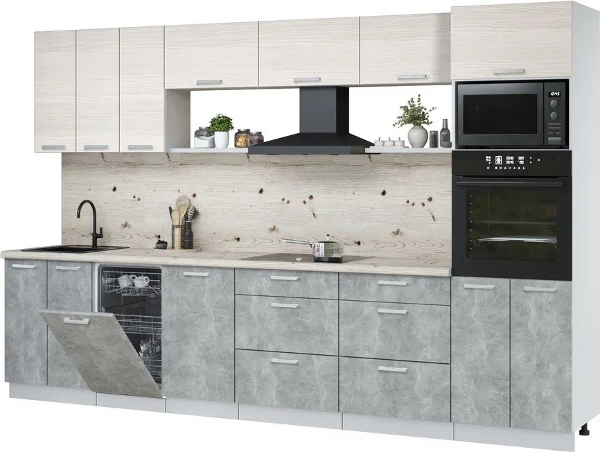 

Готовая кухня Интерлиния Мила Лайт 3.3-ПМ3 (вудлайн кремовый/бетон/бискайская сосна)