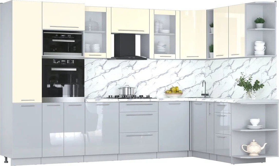 

Готовая кухня Интерлиния Мила Пластик 1.88x3.2 PR (ваниль/туманный глянец/белый гранит)