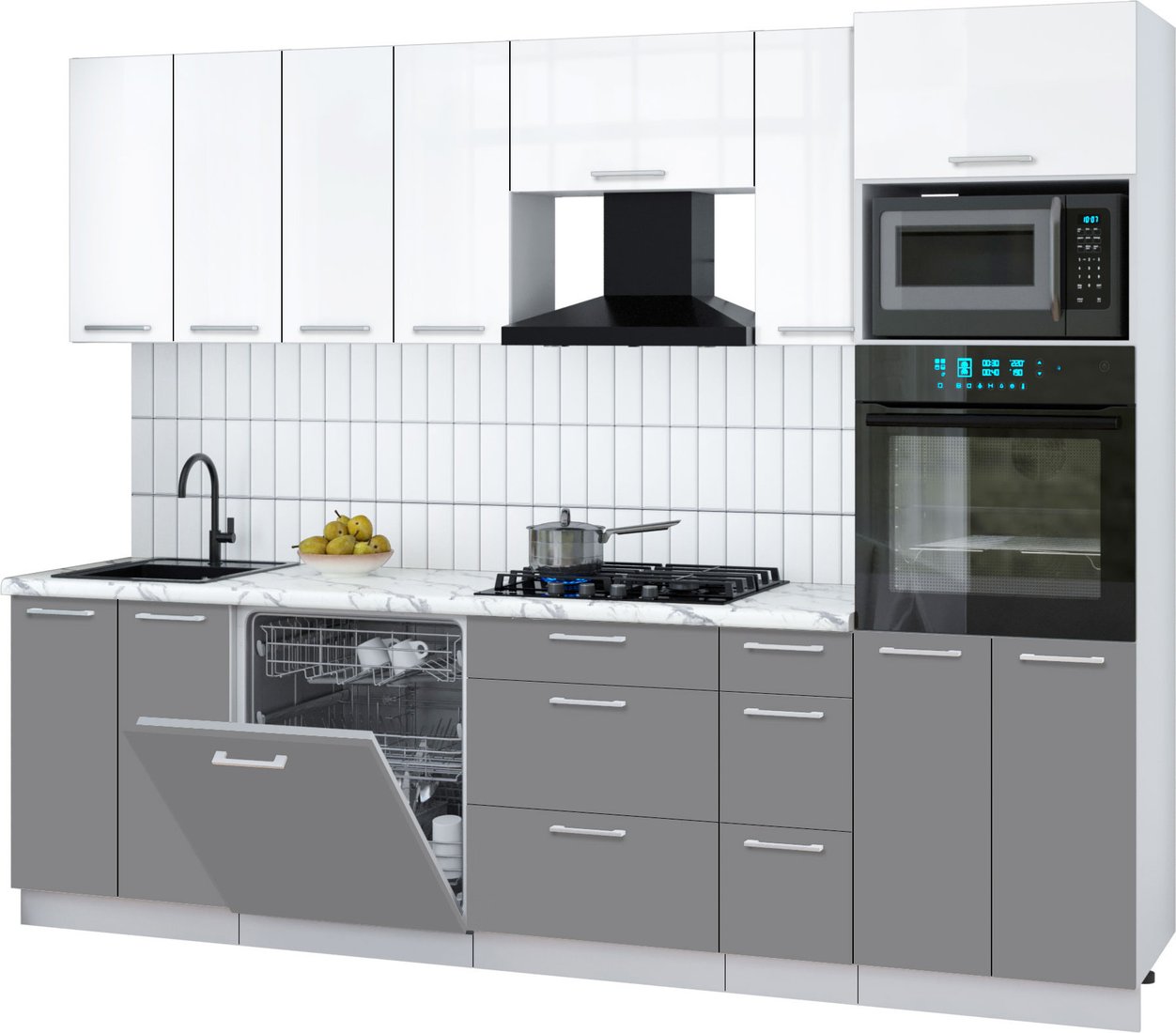 

Готовая кухня Интерлиния Мила Gloss 2.7-ПМ1 (пепел/белый глянец/серый каспий)