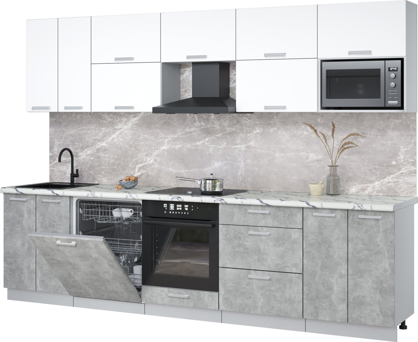 

Готовая кухня Интерлиния Мила Лайт 3.0-ПМ2 (белый платинум/бетон/белый гранит)