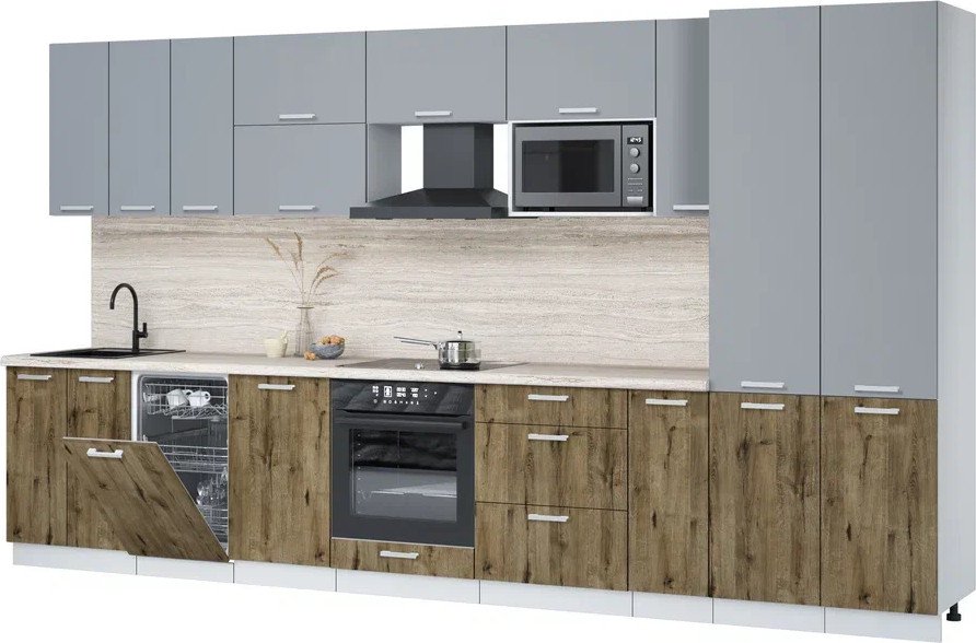 

Готовая кухня Интерлиния Мила Лайт 3.8-ПМ4 (серебро/дуб веллингтон/травертин серый)