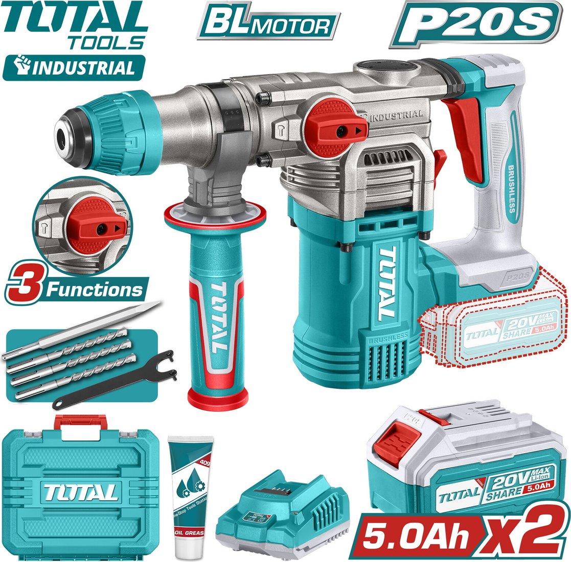 

Перфоратор Total TRHLI202885 (с 1-им АКБ, кейс)