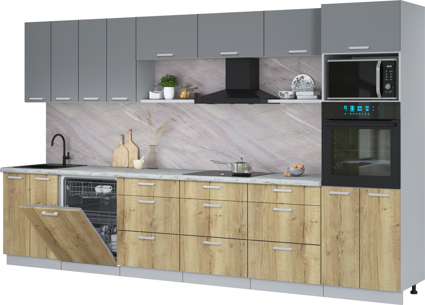 

Готовая кухня Интерлиния Мила Лайт 3.6-ПМ1-2 (серебро/дуб золотой/серый каспий)