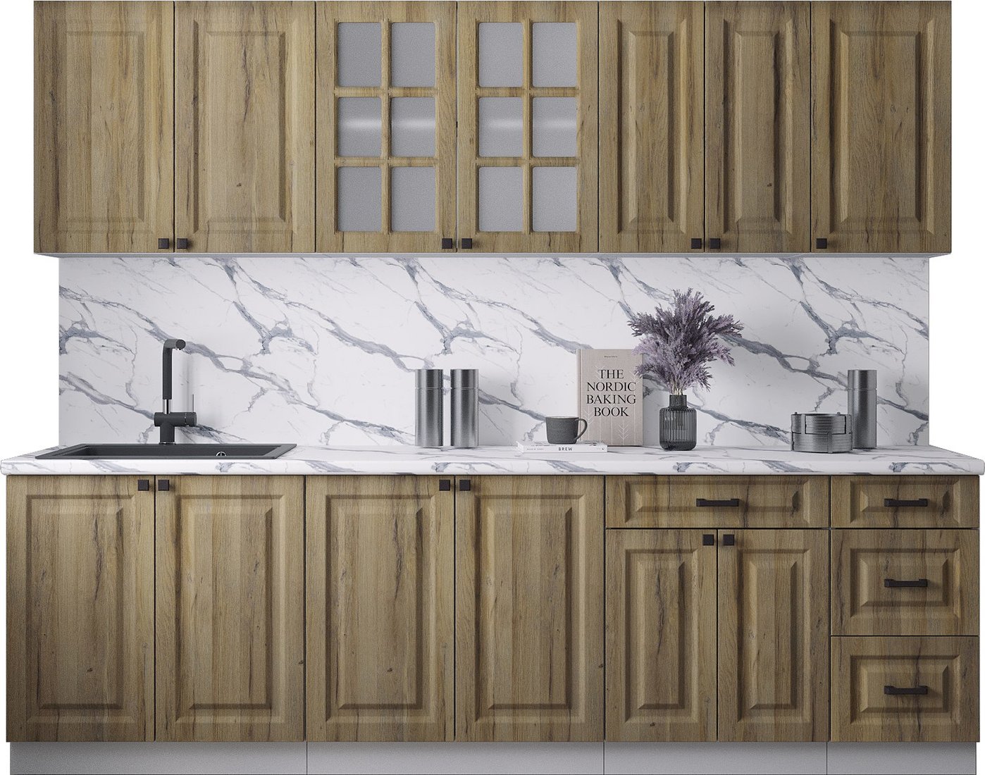 

Готовая кухня Интерлиния Мила Деко 2.6Б (дуб вотан/дуб вотан/белый гранит)