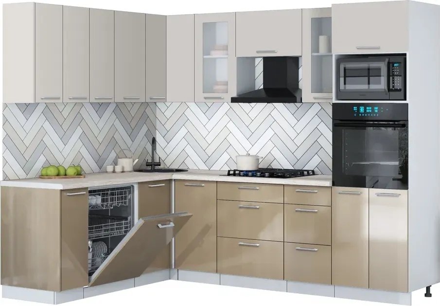 

Готовая кухня Интерлиния Мила Gloss 1.896х2.58 (капучино глянец/кашемир/травертин серый)