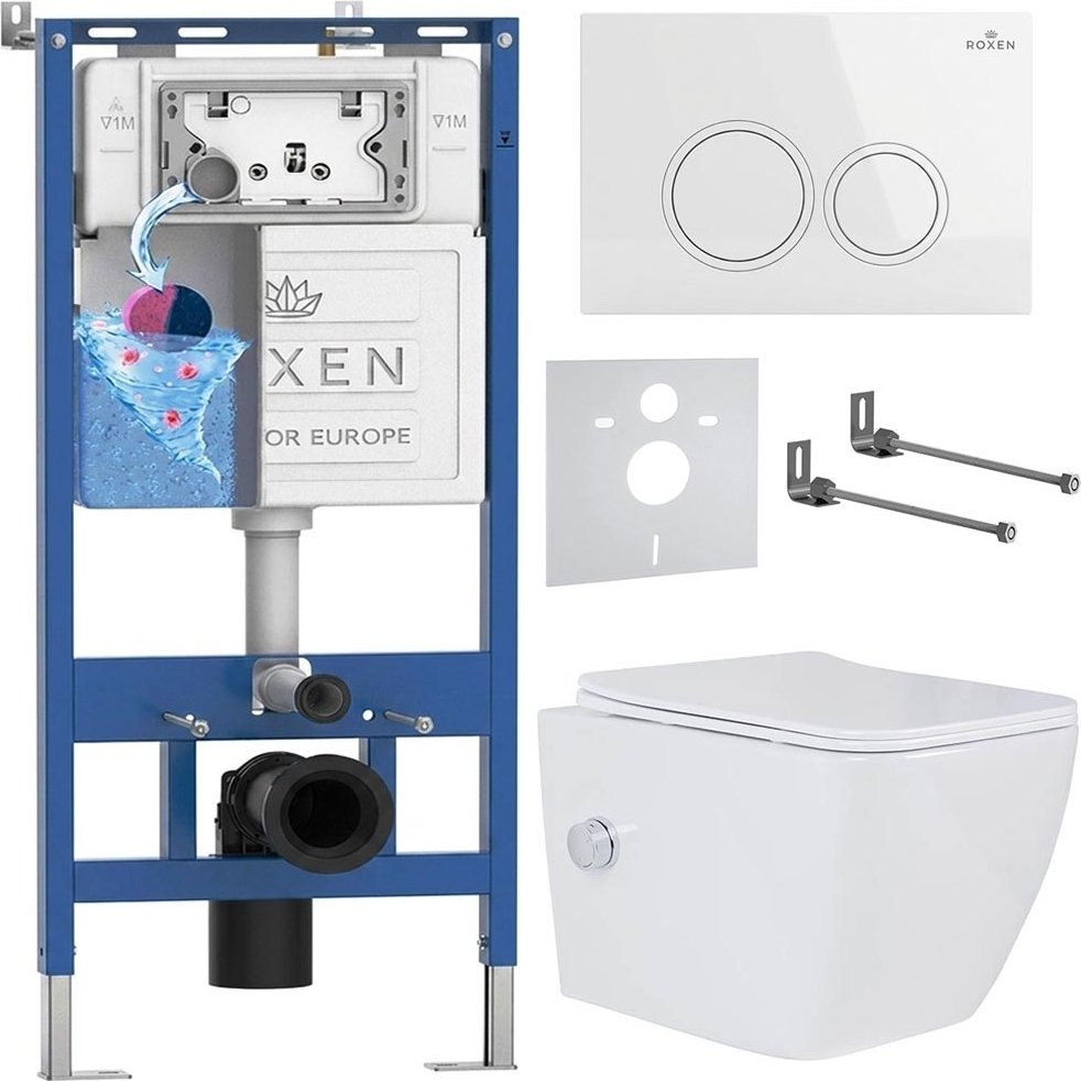 

Унитаз подвесной Roxen Cube Bidet One Rimless 6 в 1 StounFix Dual Fresh 506235 (кнопка: белый глянец)