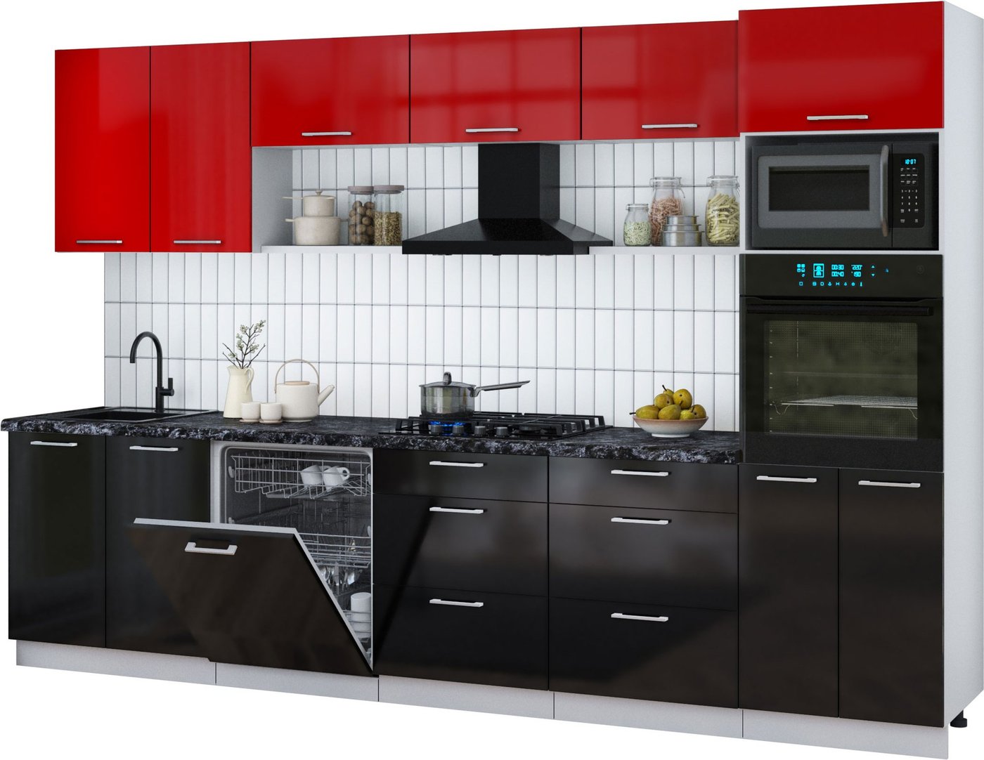 

Готовая кухня Интерлиния Мила Gloss 3.2-ПМ1 (черный глянец/красный глянец/кастилло темный)