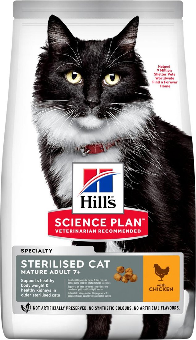 

Сухой корм для кошек Hill's Science Plan Mature Adult 7+ Senior Sterilised Chicken для взрослых стерилизованных кошек старше 7 лет, с курицей 1.5 кг