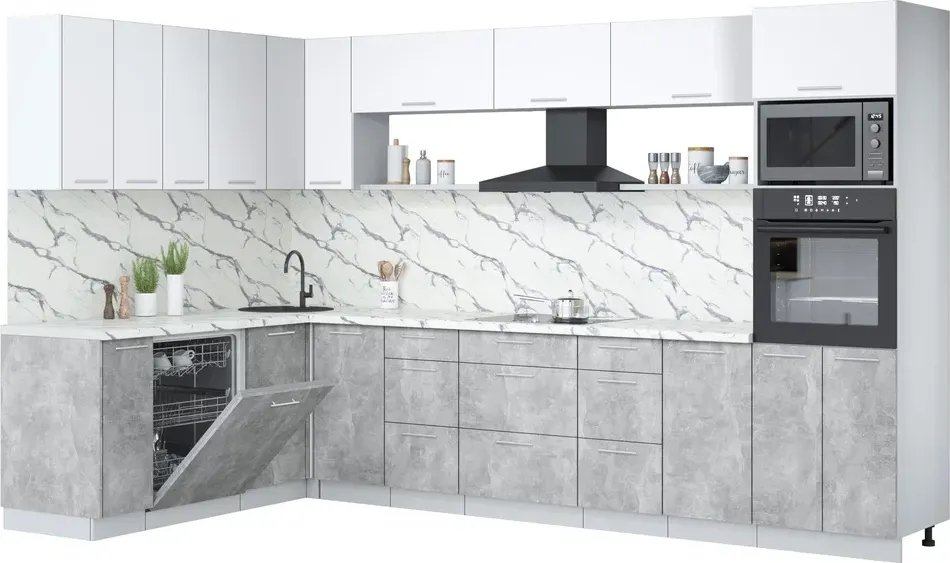 

Готовая кухня Интерлиния Мила Лайт 1.896х3.38-2 (белый платинум/бетон/белый гранит)