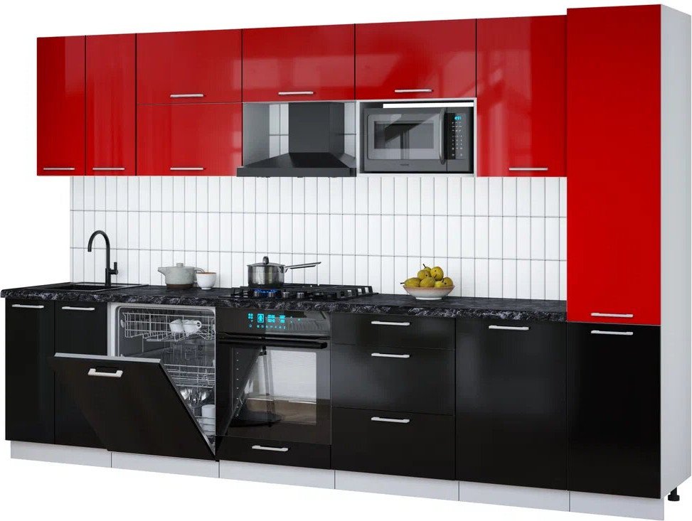 

Готовая кухня Интерлиния Мила Gloss 3.3-ПМ2 (черный глянец/красный глянец/кастилло темный)