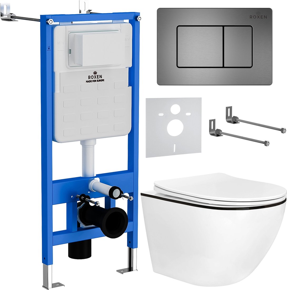 

Унитаз подвесной Roxen Antares Black в комплекте с инсталляцией StounFix Dual Fresh 6 в 1 964862 (кнопка: оружейная сталь)