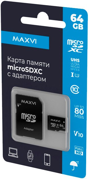 

Карта памяти Maxvi microSDXC 64GB MSD64GBC10V10 (с адаптером)