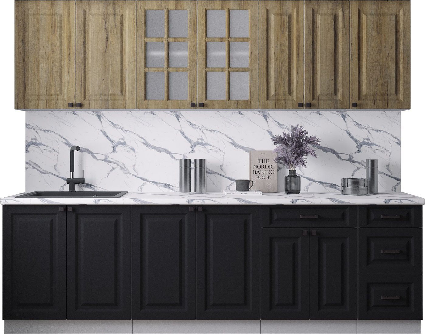 

Готовая кухня Интерлиния Мила Деко 2.6Б (черный/дуб вотан/белый гранит)