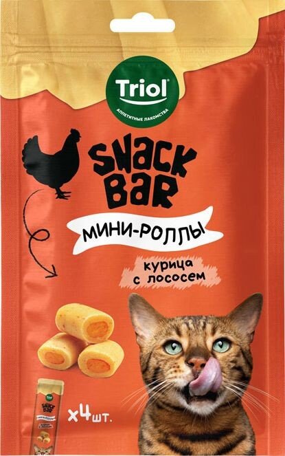 

Лакомство для кошек Triol Snack Bar Мини-роллы с начинкой из курицы с лососем (30 г)