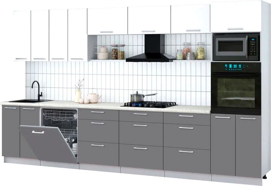 

Готовая кухня Интерлиния Мила Gloss 3.6-ПМ1-2 (серый/белый/опал светлый)