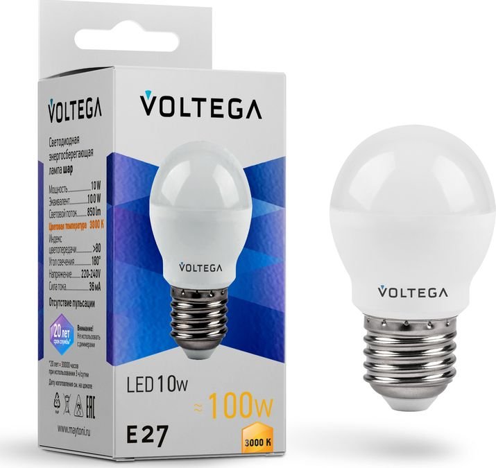 

Светодиодная лампочка Voltega Simple Globe 10W 3000K E27