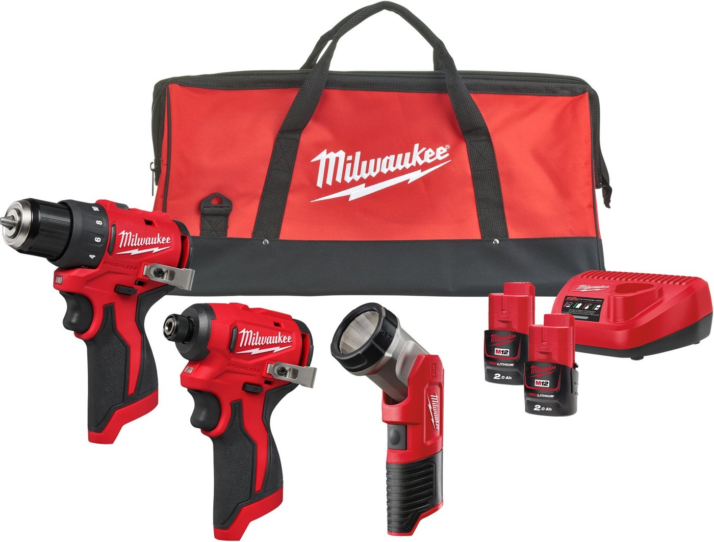 

Milwaukee M12 BLPP3A-202B 4933499694 (шуруповерт, винтоверт, фонарь, 2 АКБ, сумка)
