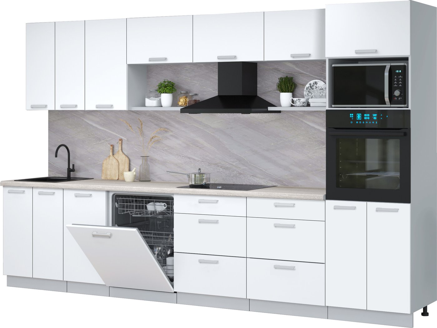 

Готовая кухня Интерлиния Мила Лайт 3.4-ПМ1-2 (белый платинум/белый платинум/травертин серый)