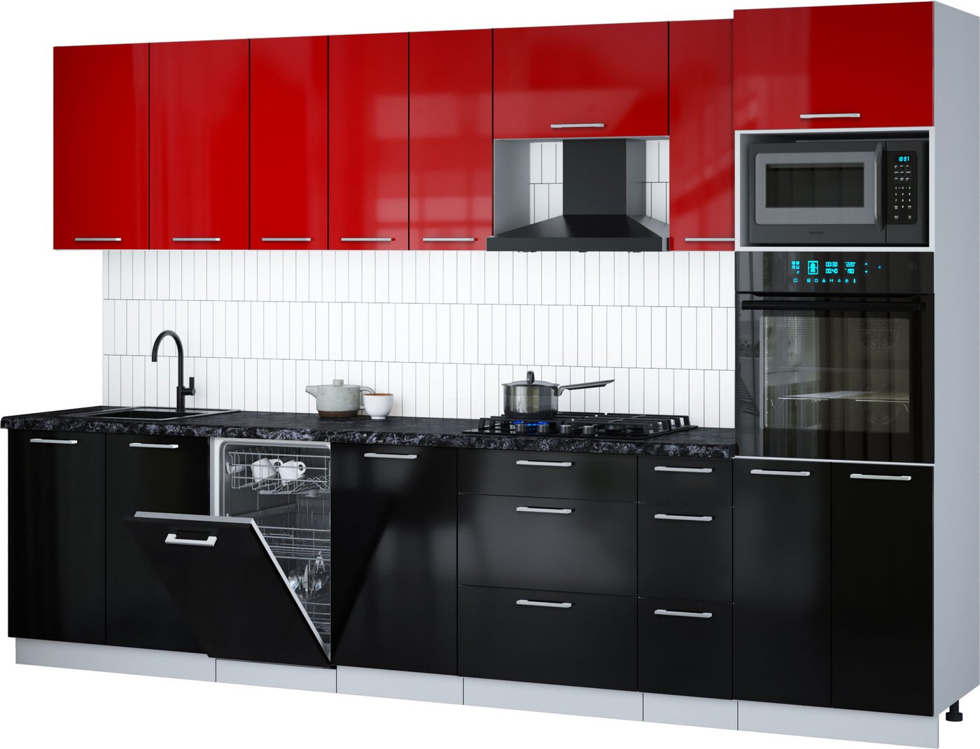 

Готовая кухня Интерлиния Мила Gloss 3.2-ПМ3 (черный глянец/красный глянец/кастилло темный)